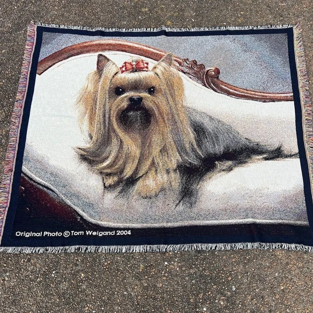 Vintage Tom Weigand Yorkshire Terrier Dog‎ Fringe Woven Tapestry Throw Blanket